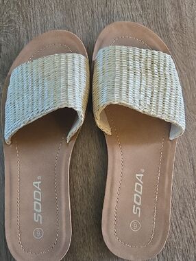 Soda Women's Tan Slides with Woven Natural Strap